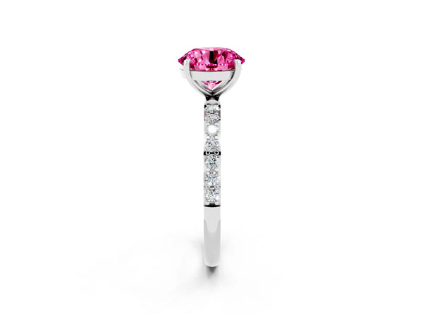 White Gold Round Lab-Grown Pink Sapphire Solitaire Engagement Ring with Pave Shoulders