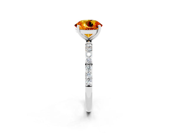 Platinum Round Cut Citrine Solitaire Ring with Round Pavé Shoulders and Prong Setting