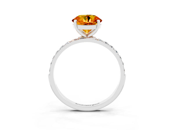 Platinum Round Cut Citrine Solitaire Ring with Round Pavé Shoulders and Prong Setting