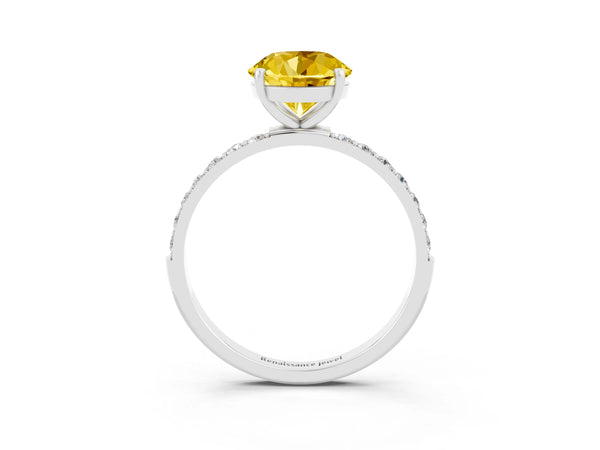 Silver Round Cut Yellow Sapphire Solitaire Ring with Round Pavé Shoulders and Prong Setting