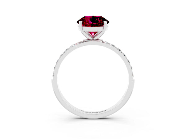 Silver Round Cut Garnet Solitaire Ring with Round Pavé Shoulders and Prong Setting
