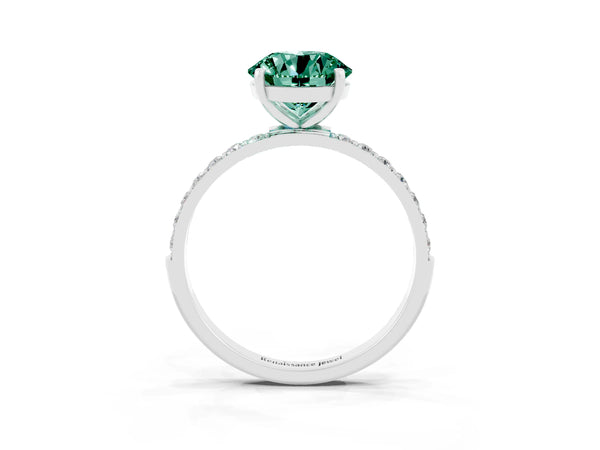 White gold Round Cut Green Sapphire Solitaire Ring with Round Pavé Shoulders and Prong Setting