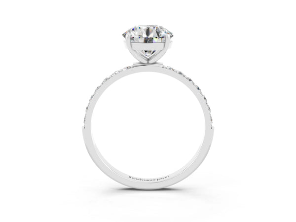 Silver Round Cut Moissanite Solitaire Ring with Round Pavé Shoulders and Prong Setting