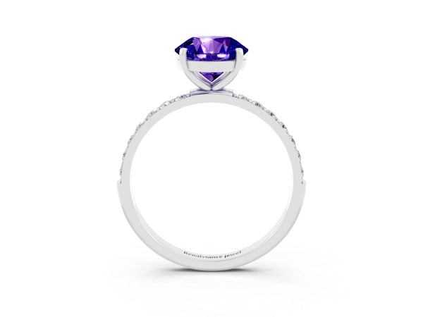 Silver Round Cut Tanzanite Solitaire Ring with Round Pavé Shoulders and Prong Setting
