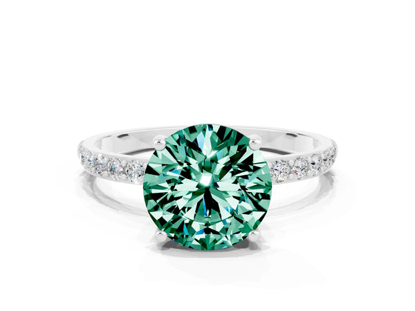 Platinum Round Cut Green Sapphire Solitaire Ring with Round Pavé Shoulders and Prong Setting