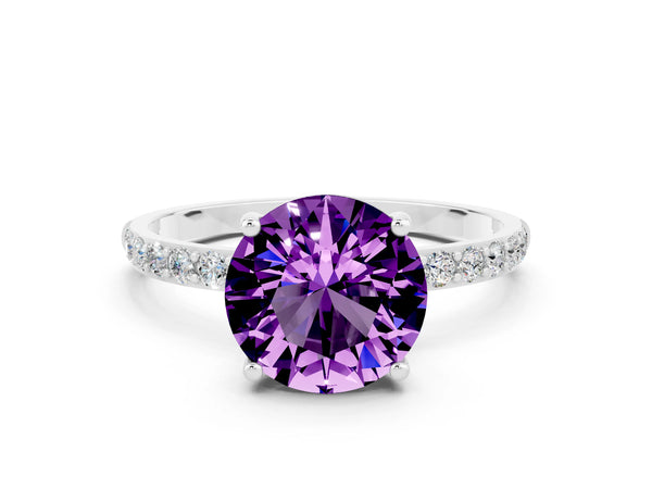 Silver Round Cut Amethyst Solitaire Ring with Round Pavé Shoulders and Prong Setting