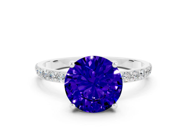 Platinum Round Cut Tanzanite Solitaire Ring with Round Pavé Shoulders and Prong Setting