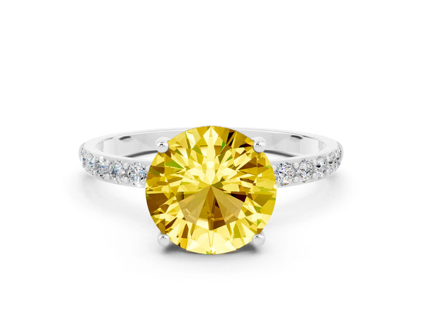 Silver Round Cut Yellow Sapphire Solitaire Ring with Round Pavé Shoulders and Prong Setting