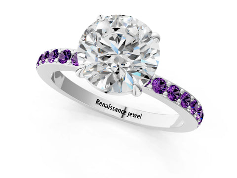 White gold Round Cut Diamond Pavé Engagement Ring with Round with Amethyst side stone Accents and Prong Setting_1