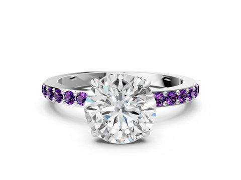 White gold Round Cut Diamond Pavé Engagement Ring with Round with Amethyst side stone Accents and Prong Setting_24