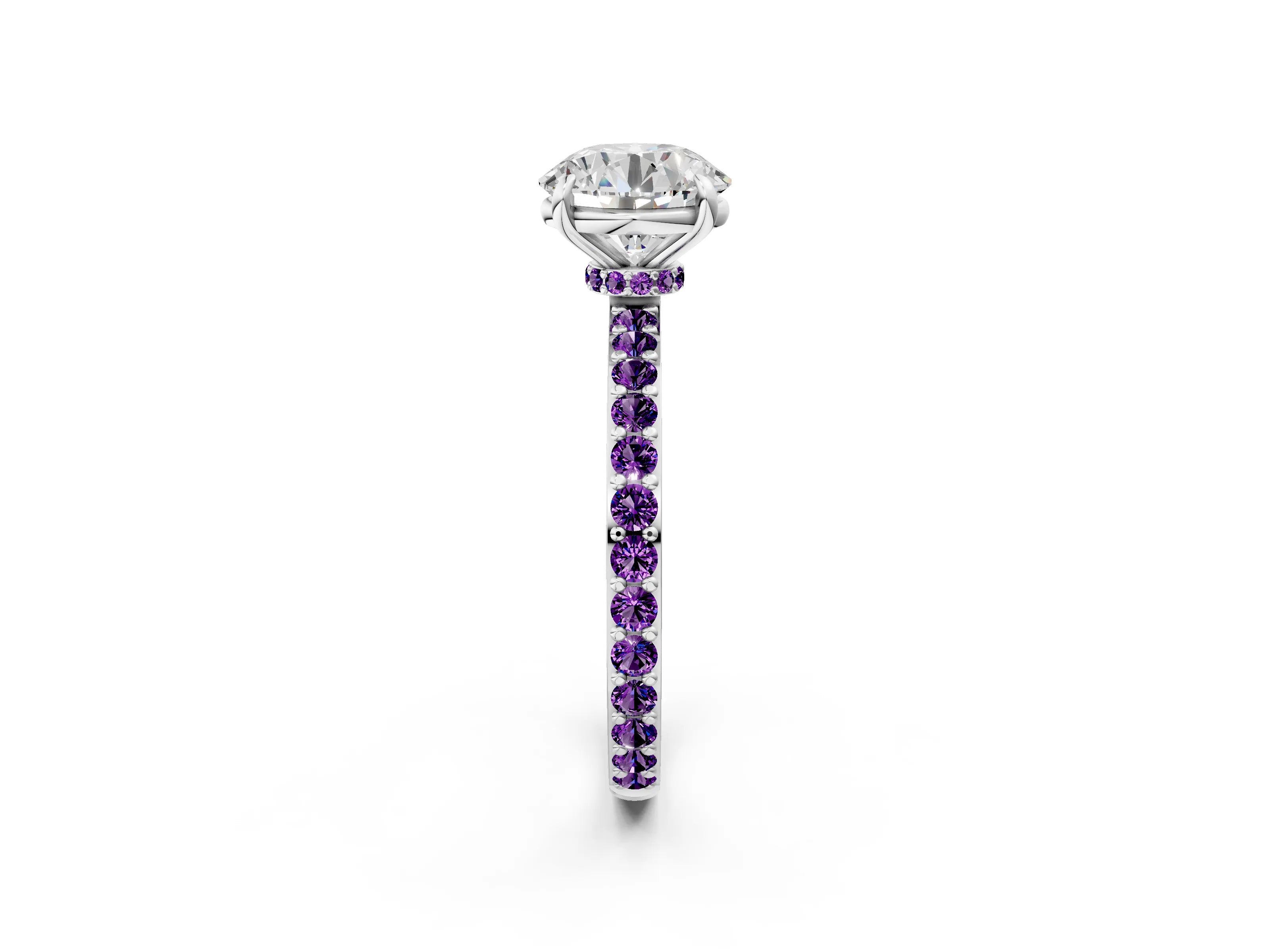 White gold Round Cut Diamond Pavé Engagement Ring with Round with Amethyst side stone Accents and Prong Setting_26