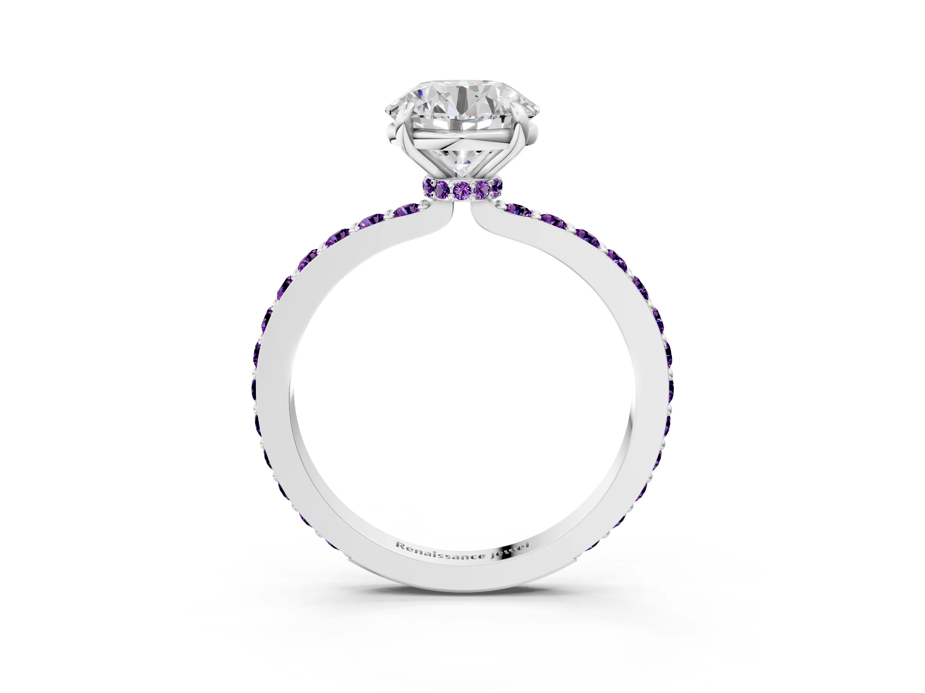 White gold Round Cut Diamond Pavé Engagement Ring with Round with Amethyst side stone Accents and Prong Setting_27