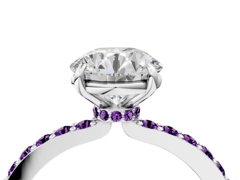 White gold Round Cut Diamond Pavé Engagement Ring with Round with Amethyst side stone Accents and Prong Setting_28