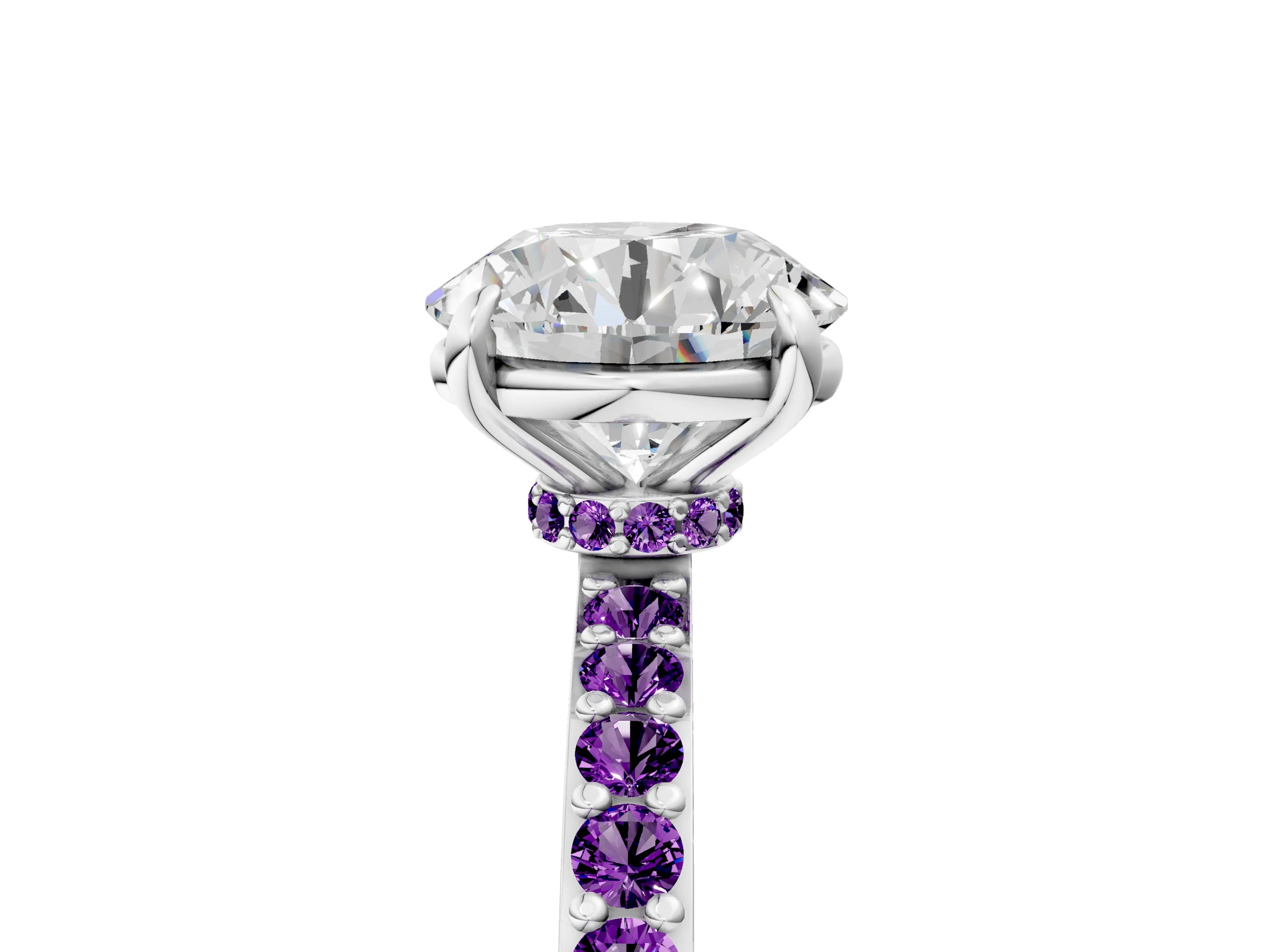 White gold Round Cut Diamond Pavé Engagement Ring with Round with Amethyst side stone Accents and Prong Setting_29