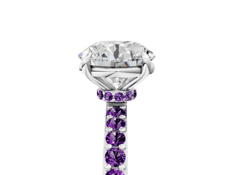 White gold Round Cut Diamond Pavé Engagement Ring with Round with Amethyst side stone Accents and Prong Setting_29