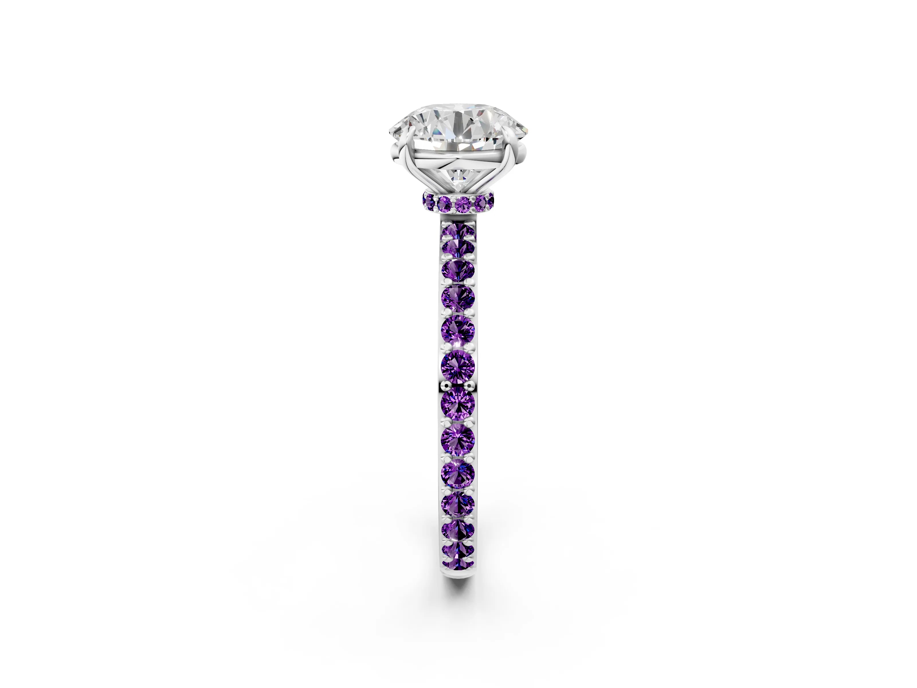 White gold Round Cut Diamond Pavé Engagement Ring with Round with Amethyst side stone Accents and Prong Setting_2