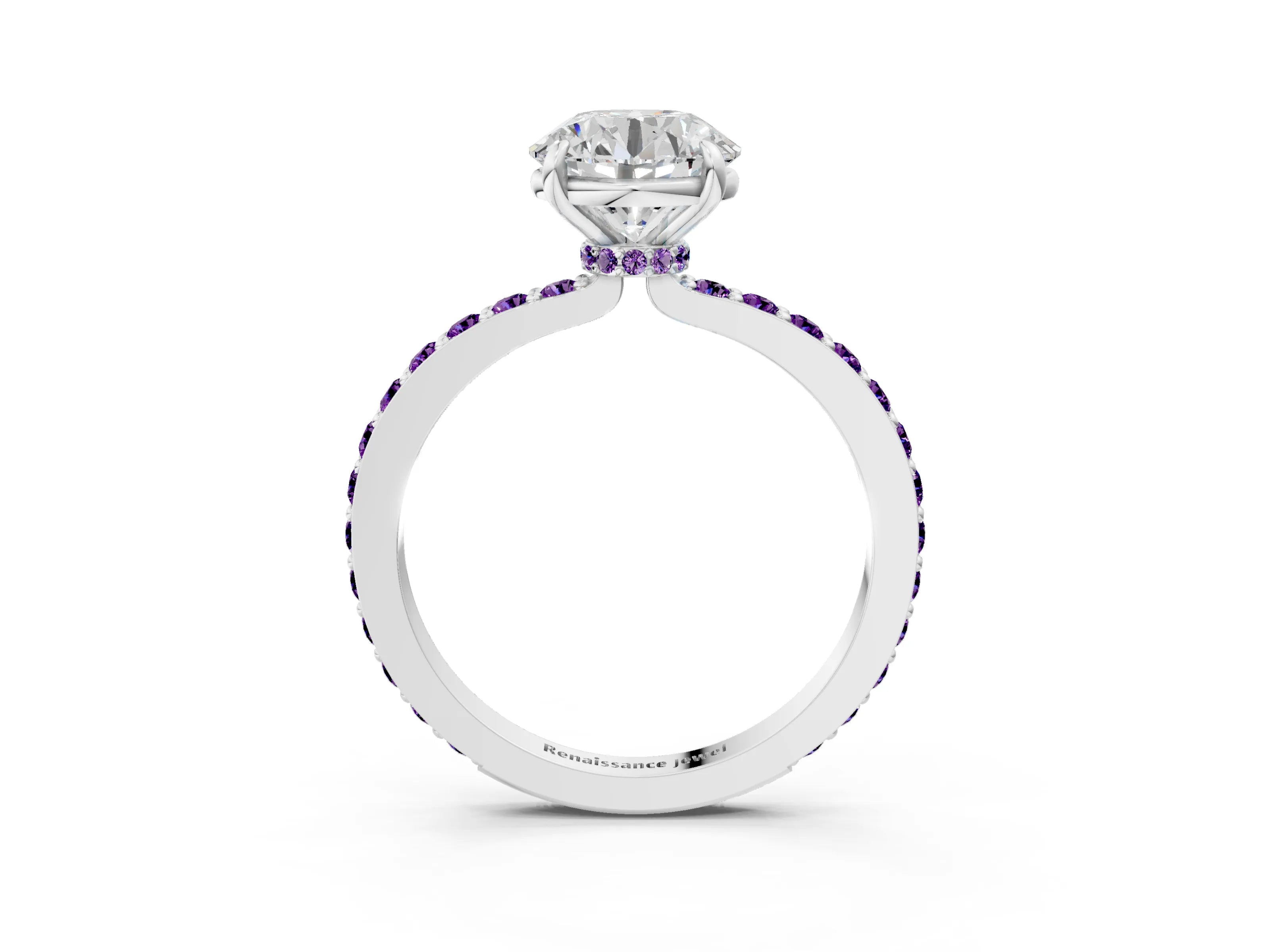 White gold Round Cut Diamond Pavé Engagement Ring with Round with Amethyst side stone Accents and Prong Setting_3
