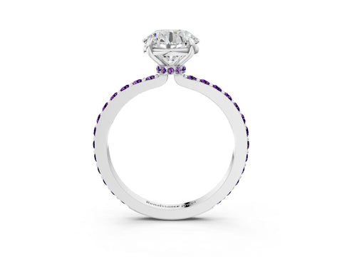 White gold Round Cut Diamond Pavé Engagement Ring with Round with Amethyst side stone Accents and Prong Setting_3