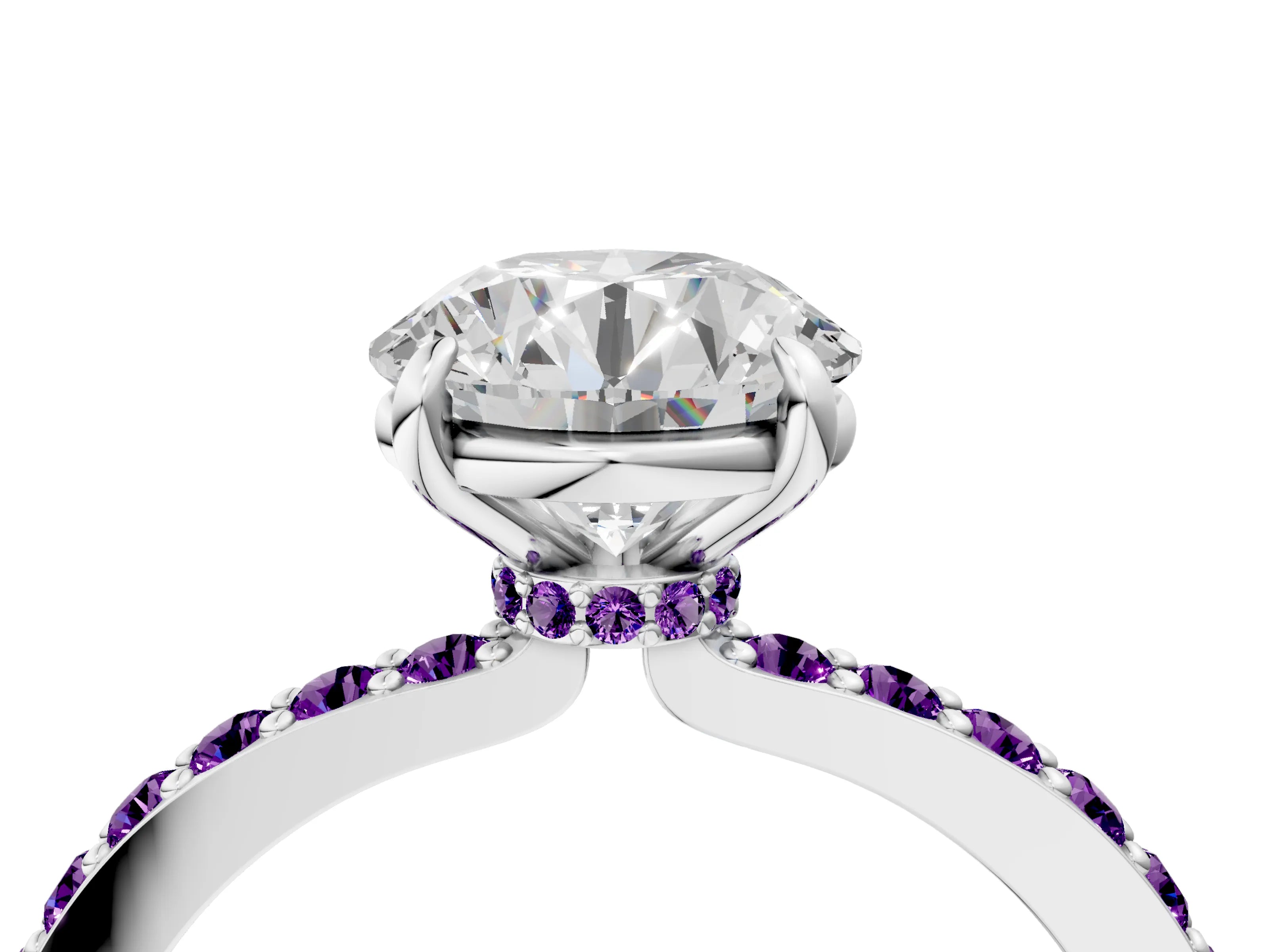 White gold Round Cut Diamond Pavé Engagement Ring with Round with Amethyst side stone Accents and Prong Setting_4