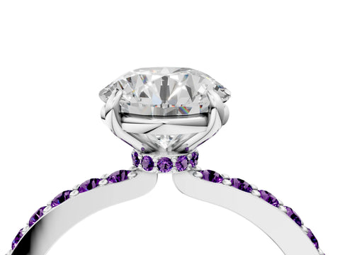 White gold Round Cut Diamond Pavé Engagement Ring with Round with Amethyst side stone Accents and Prong Setting_4