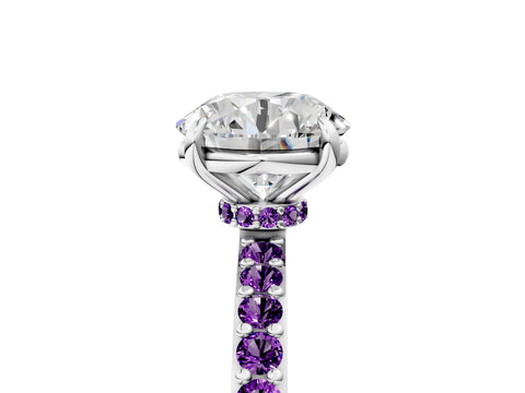 White gold Round Cut Diamond Pavé Engagement Ring with Round with Amethyst side stone Accents and Prong Setting_5