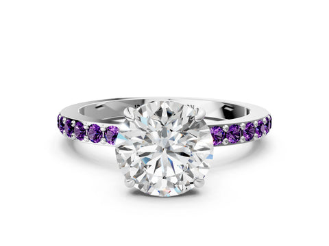 White gold Round Cut Diamond Pavé Engagement Ring with Round with Amethyst side stone Accents and Prong Setting