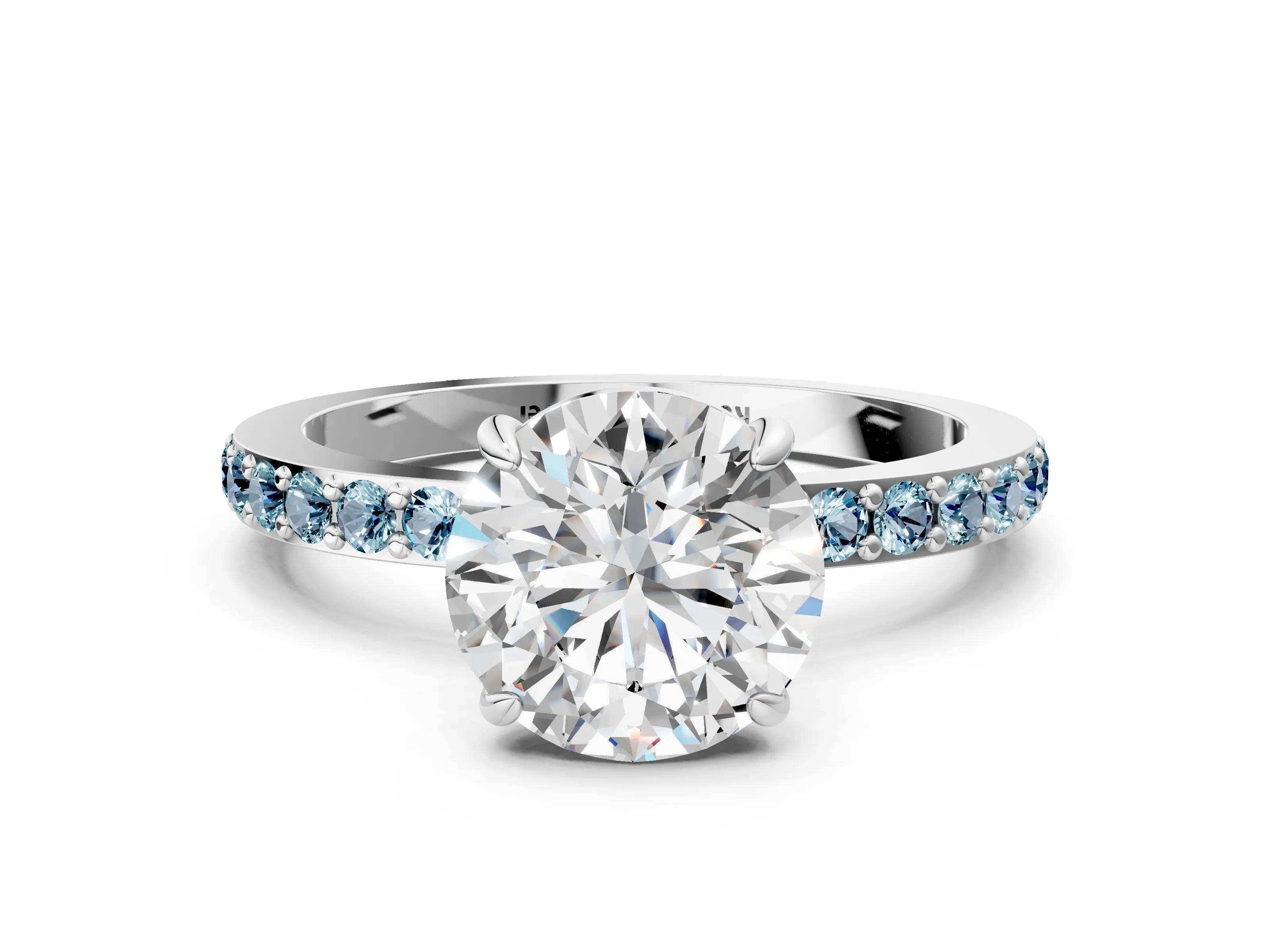 White gold Round Cut Diamond Pavé Engagement Ring with Round with Aquamarine side stone Accents and Prong Setting