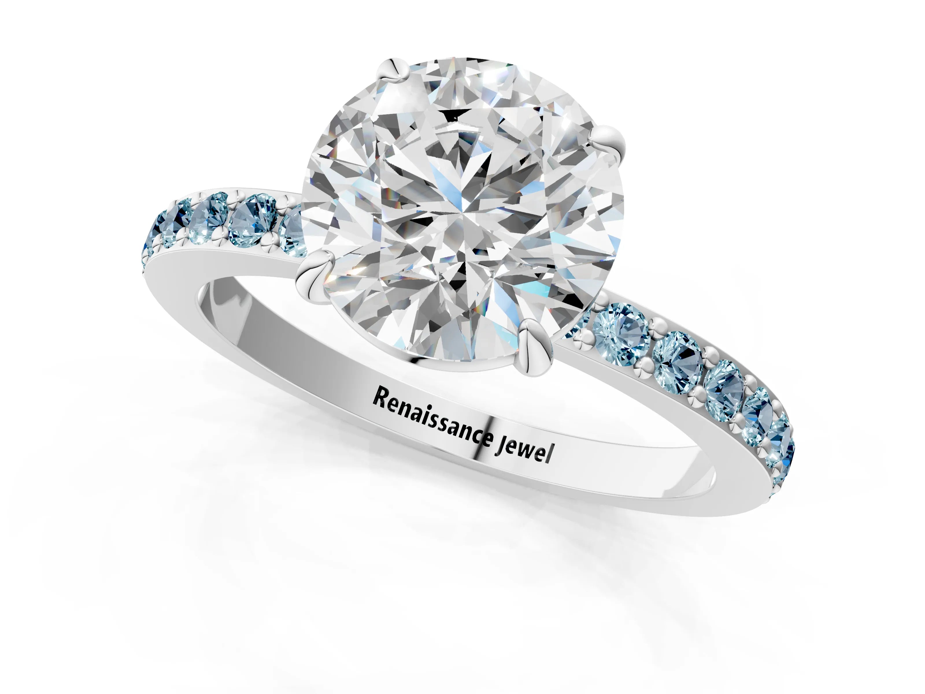 White gold Round Cut Diamond Pavé Engagement Ring with Round with Aquamarine side stone Accents and Prong Setting_1