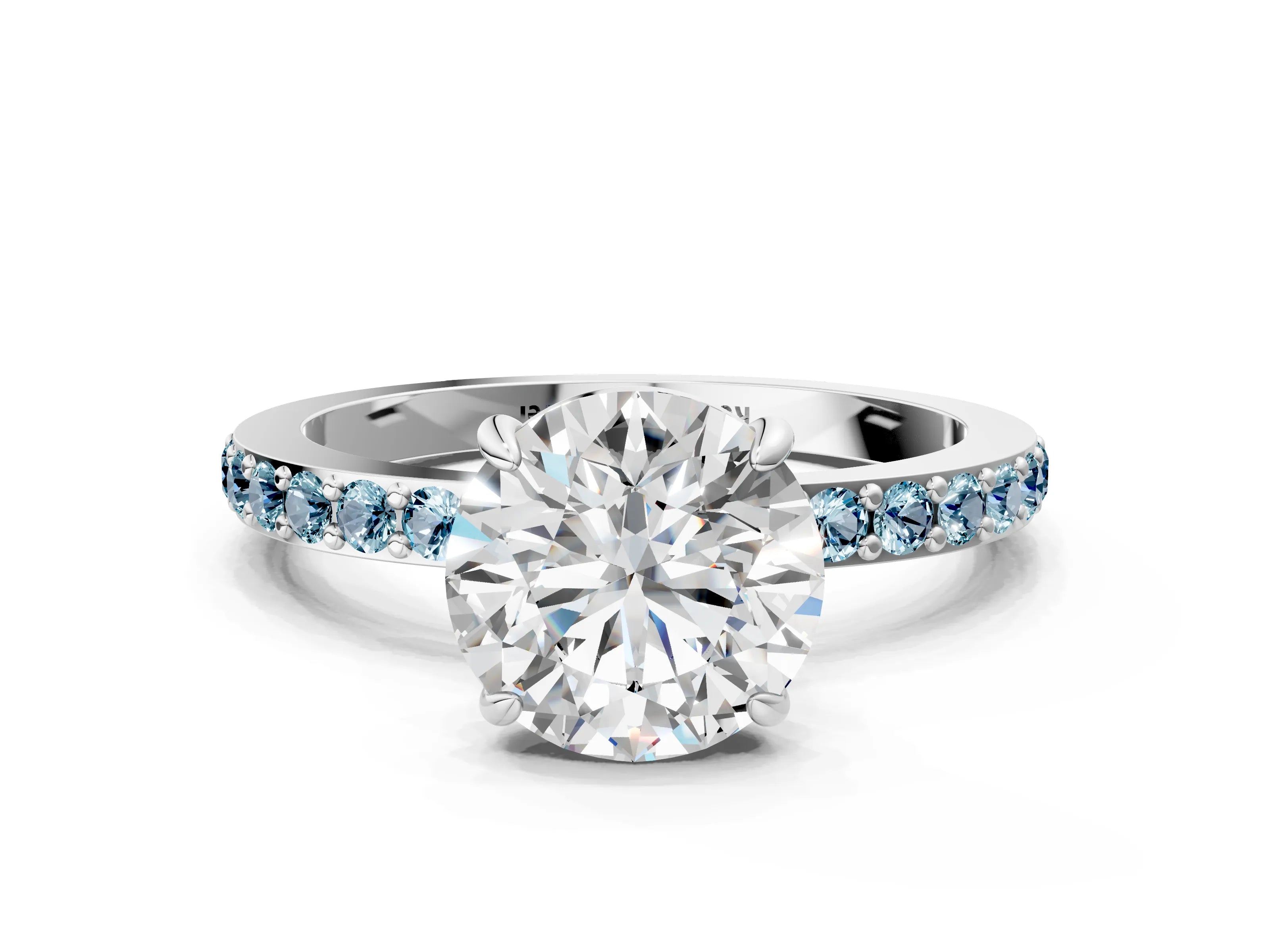 White gold Round Cut Diamond Pavé Engagement Ring with Round with Aquamarine side stone Accents and Prong Setting_18