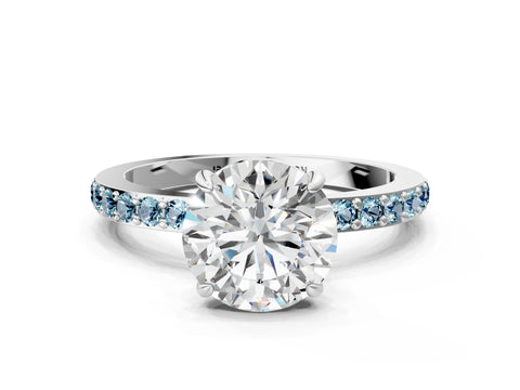 White gold Round Cut Diamond Pavé Engagement Ring with Round with Aquamarine side stone Accents and Prong Setting_18