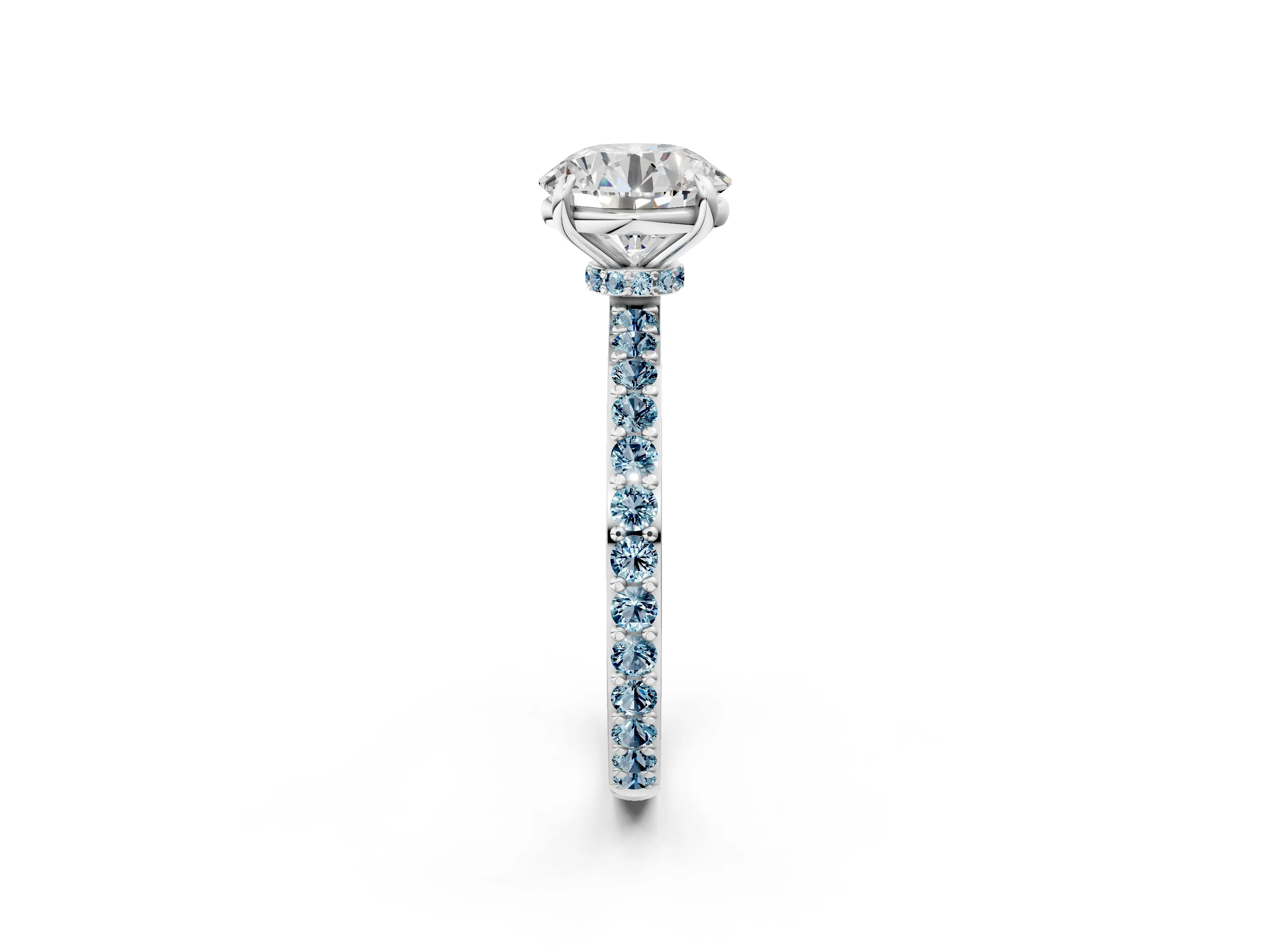 White gold Round Cut Diamond Pavé Engagement Ring with Round with Aquamarine side stone Accents and Prong Setting_2