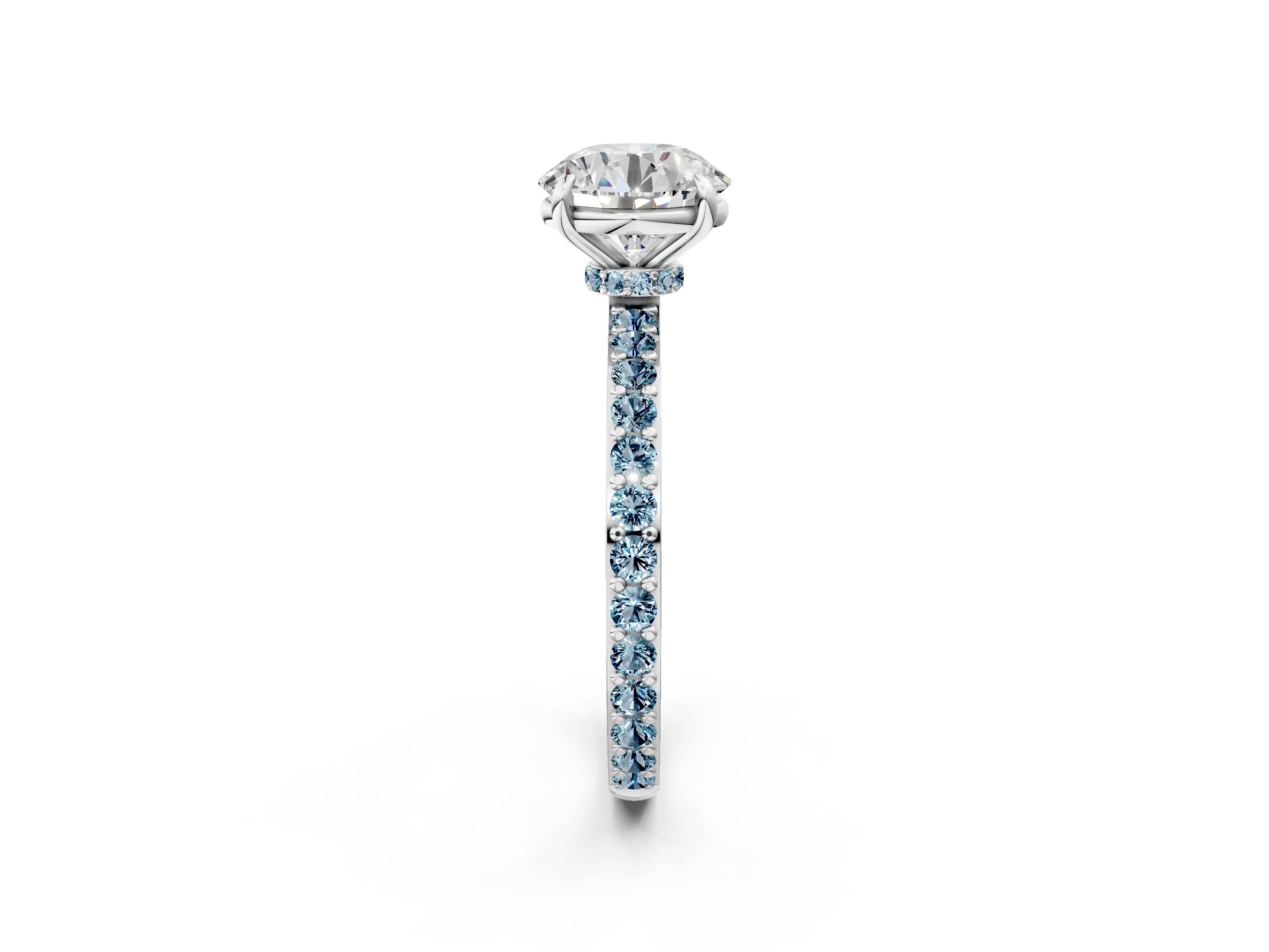 White gold Round Cut Diamond Pavé Engagement Ring with Round with Aquamarine side stone Accents and Prong Setting_20