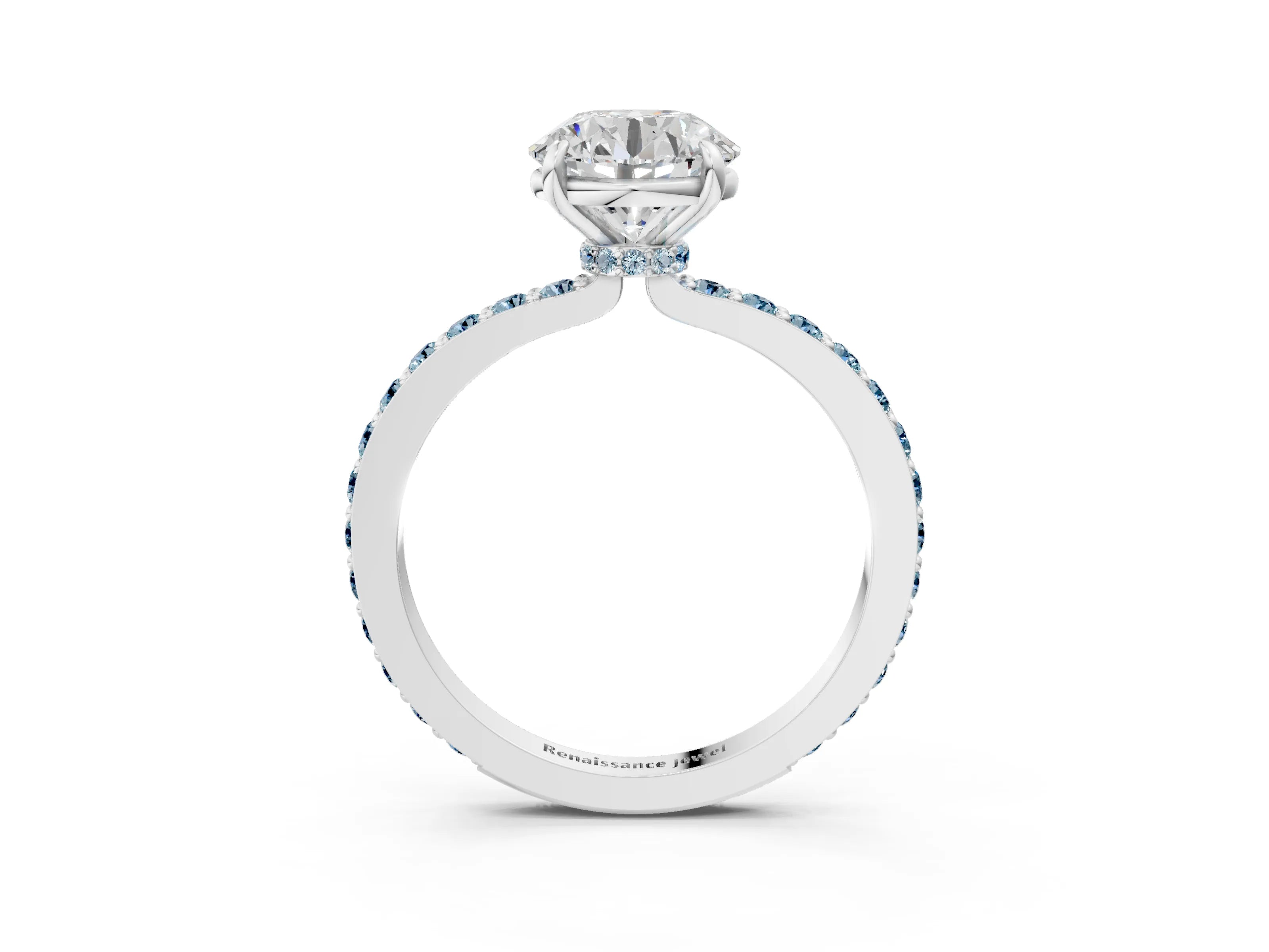 White gold Round Cut Diamond Pavé Engagement Ring with Round with Aquamarine side stone Accents and Prong Setting_21