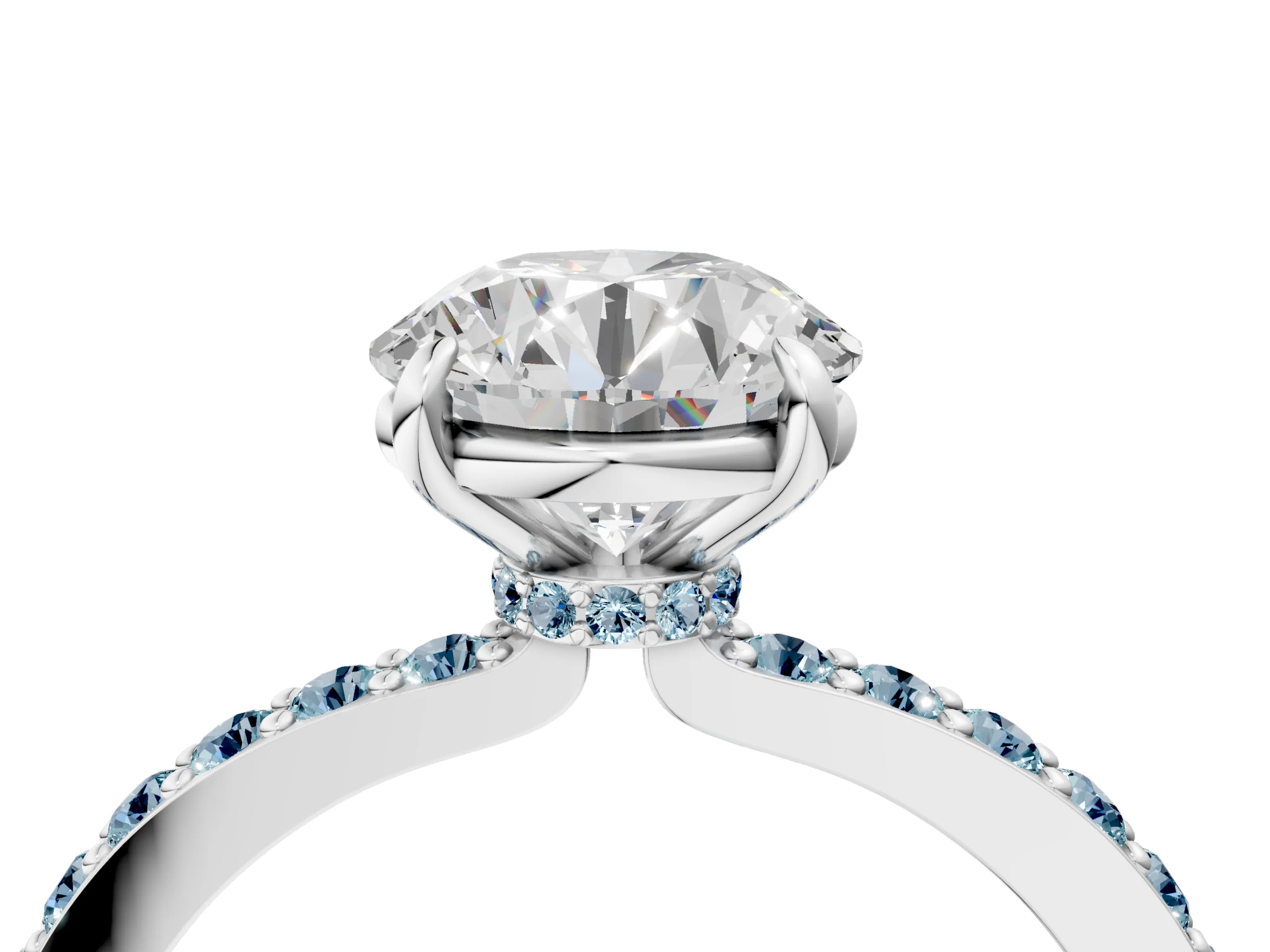 White gold Round Cut Diamond Pavé Engagement Ring with Round with Aquamarine side stone Accents and Prong Setting_22