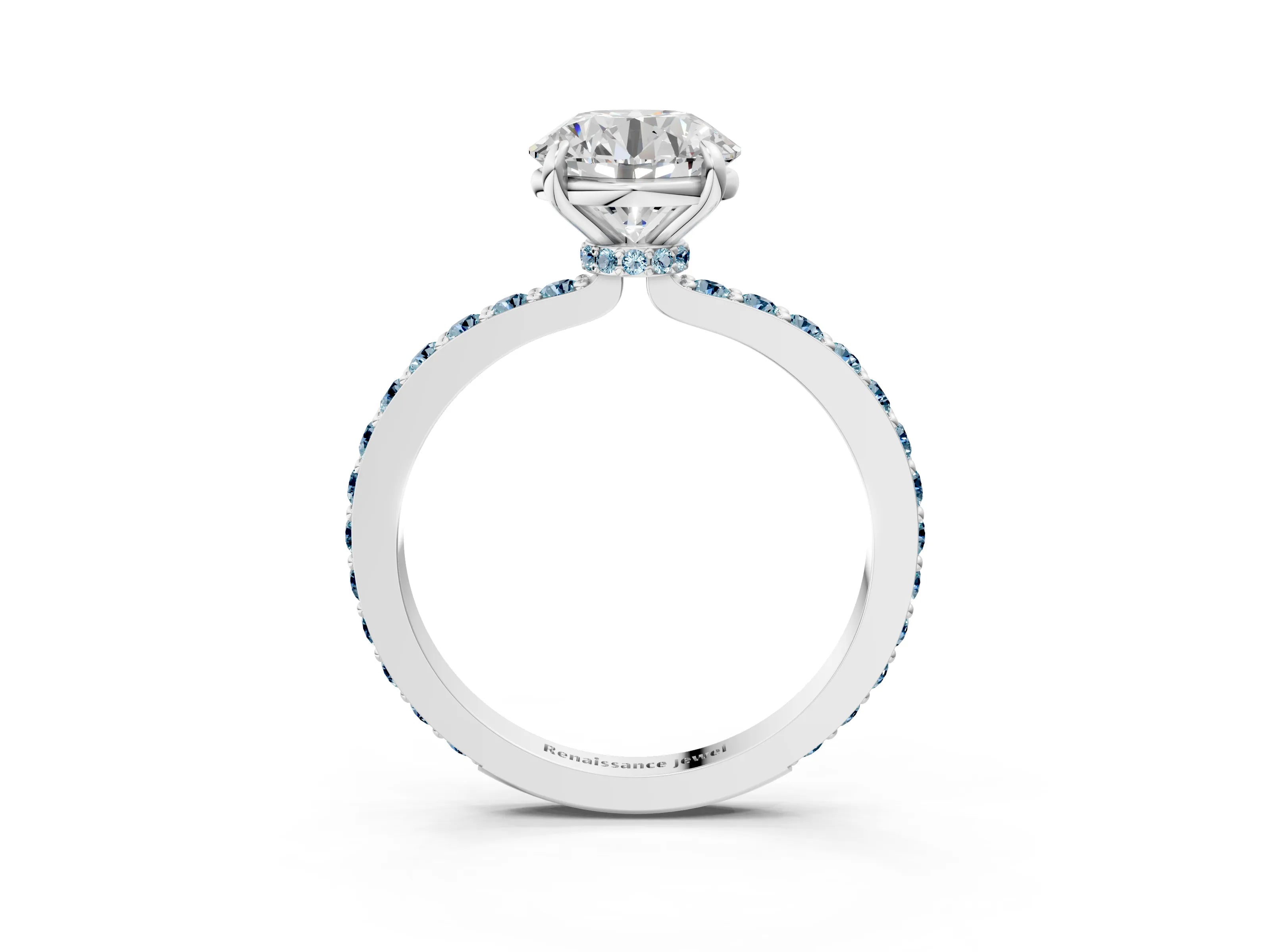 White gold Round Cut Diamond Pavé Engagement Ring with Round with Aquamarine side stone Accents and Prong Setting_3
