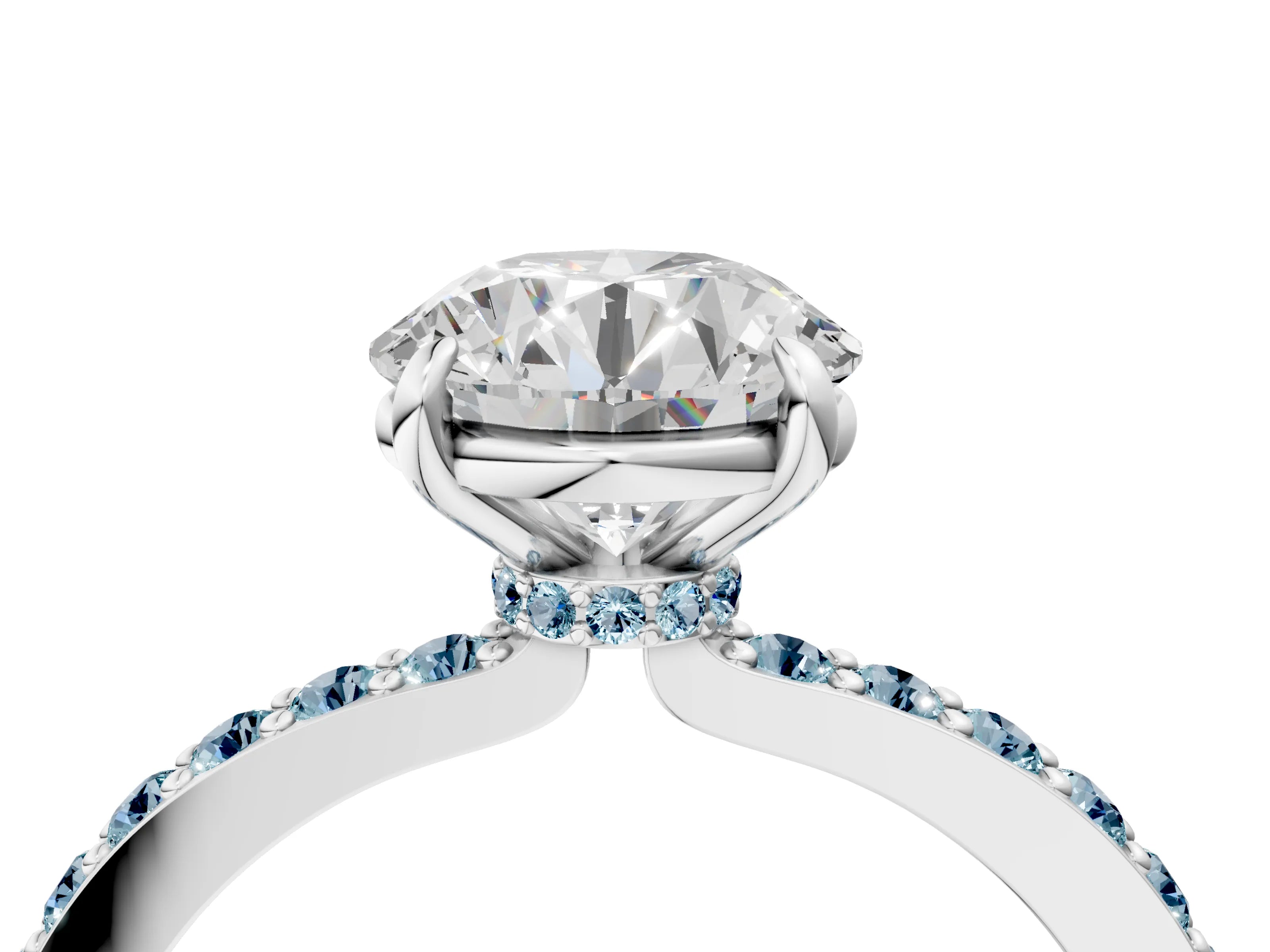 White gold Round Cut Diamond Pavé Engagement Ring with Round with Aquamarine side stone Accents and Prong Setting_4