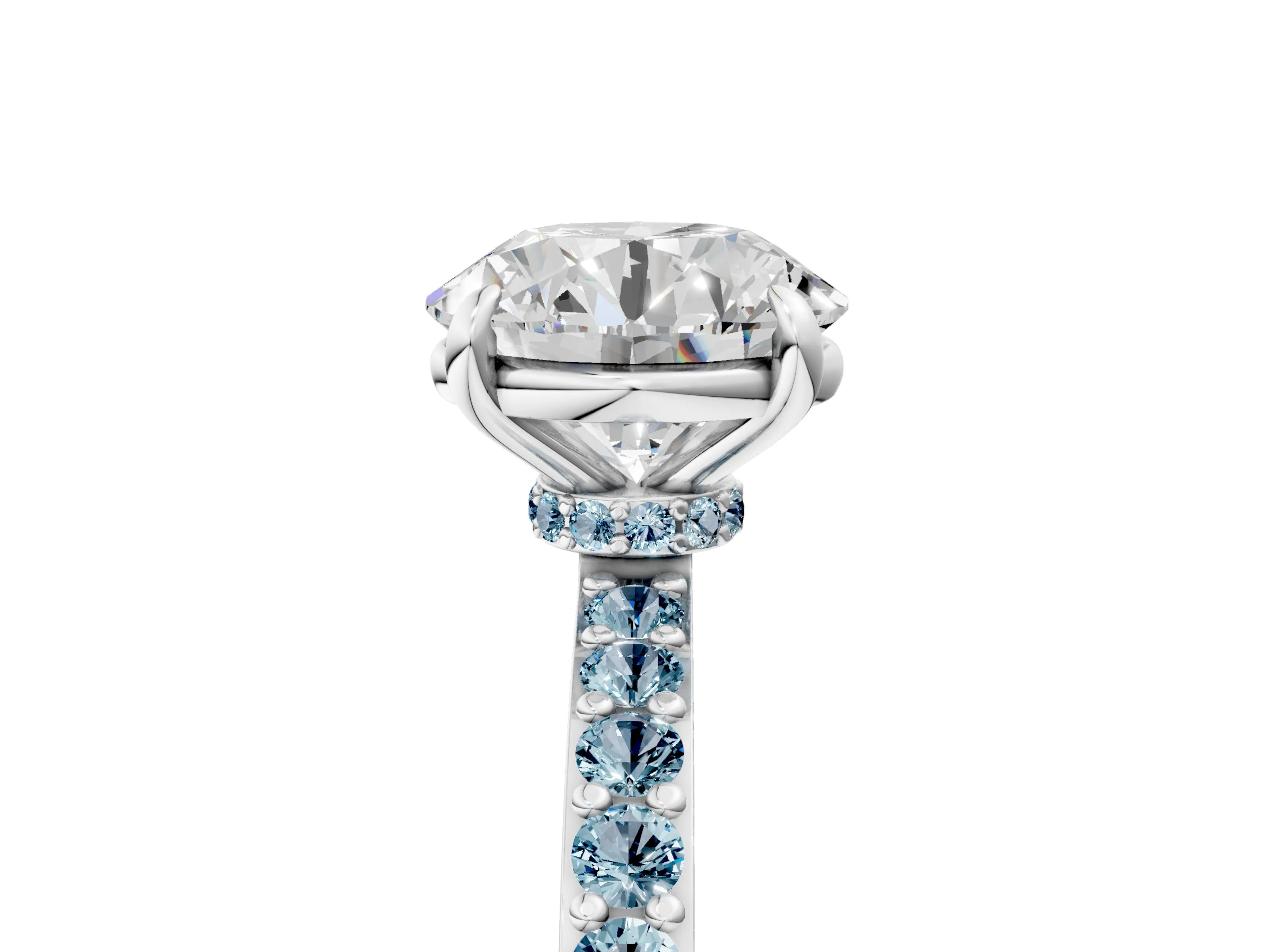 White gold Round Cut Diamond Pavé Engagement Ring with Round with Aquamarine side stone Accents and Prong Setting_5