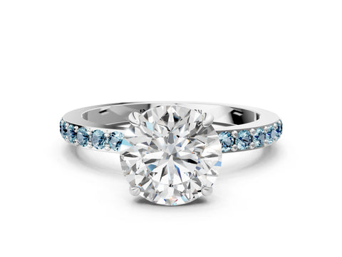 White gold Round Cut Diamond Pavé Engagement Ring with Round with Aquamarine side stone Accents and Prong Setting