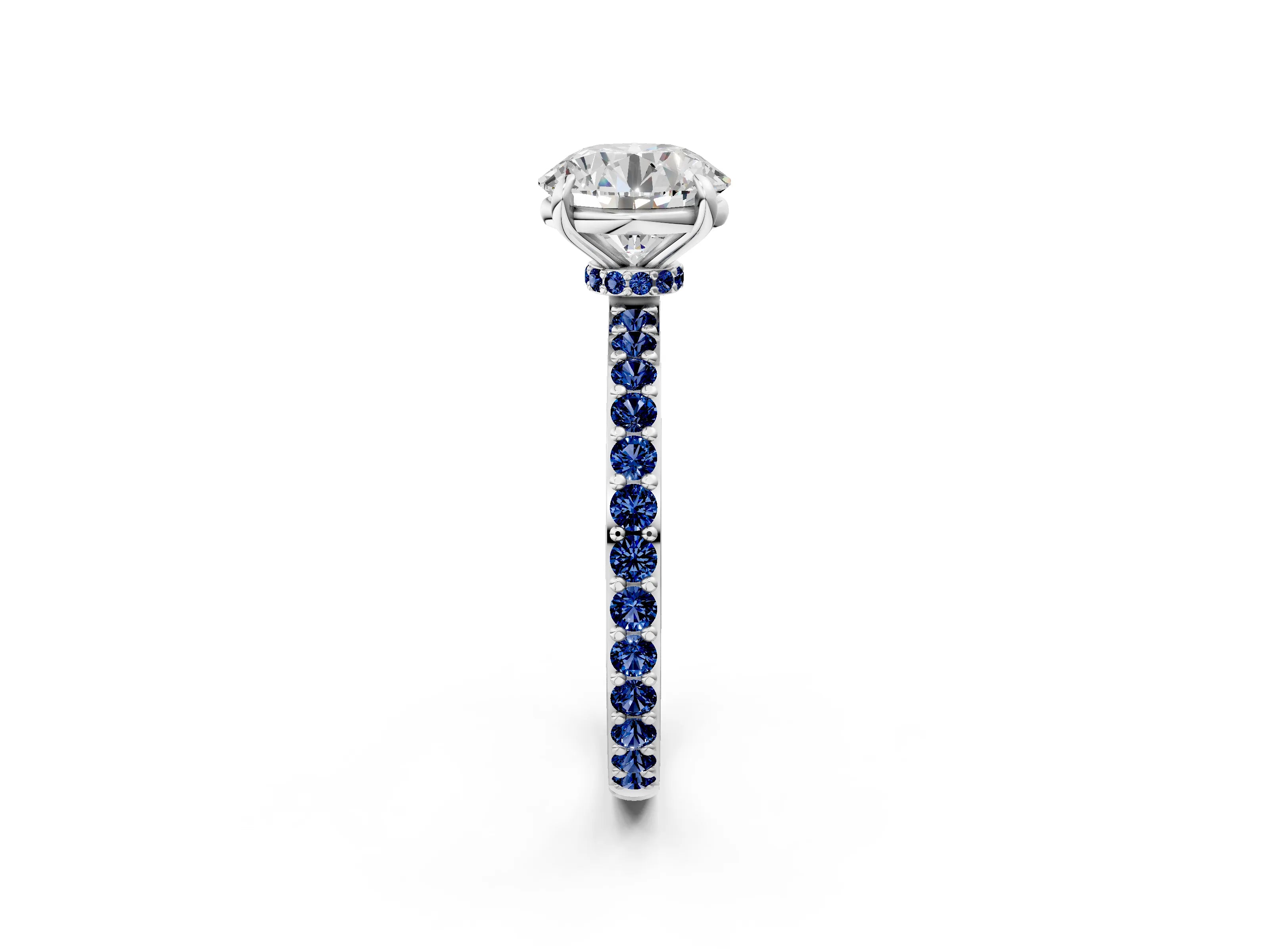 White gold Round Cut Diamond Pavé Engagement Ring with Round with Blue Sapphire side stone Accents and Prong Setting_2