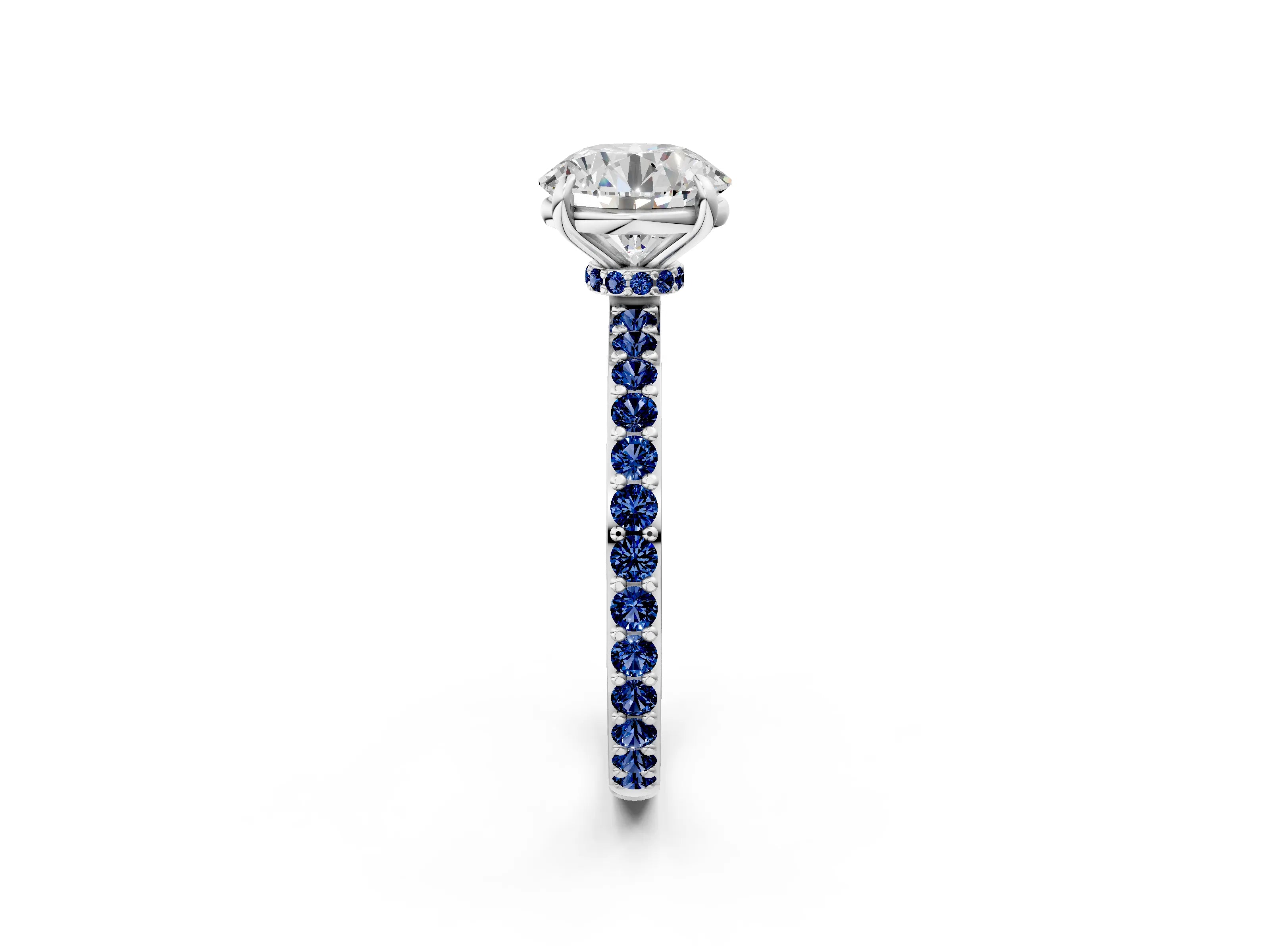 White gold Round Cut Diamond Pavé Engagement Ring with Round with Blue Sapphire side stone Accents and Prong Setting_32