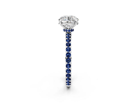 White gold Round Cut Diamond Pavé Engagement Ring with Round with Blue Sapphire side stone Accents and Prong Setting_32