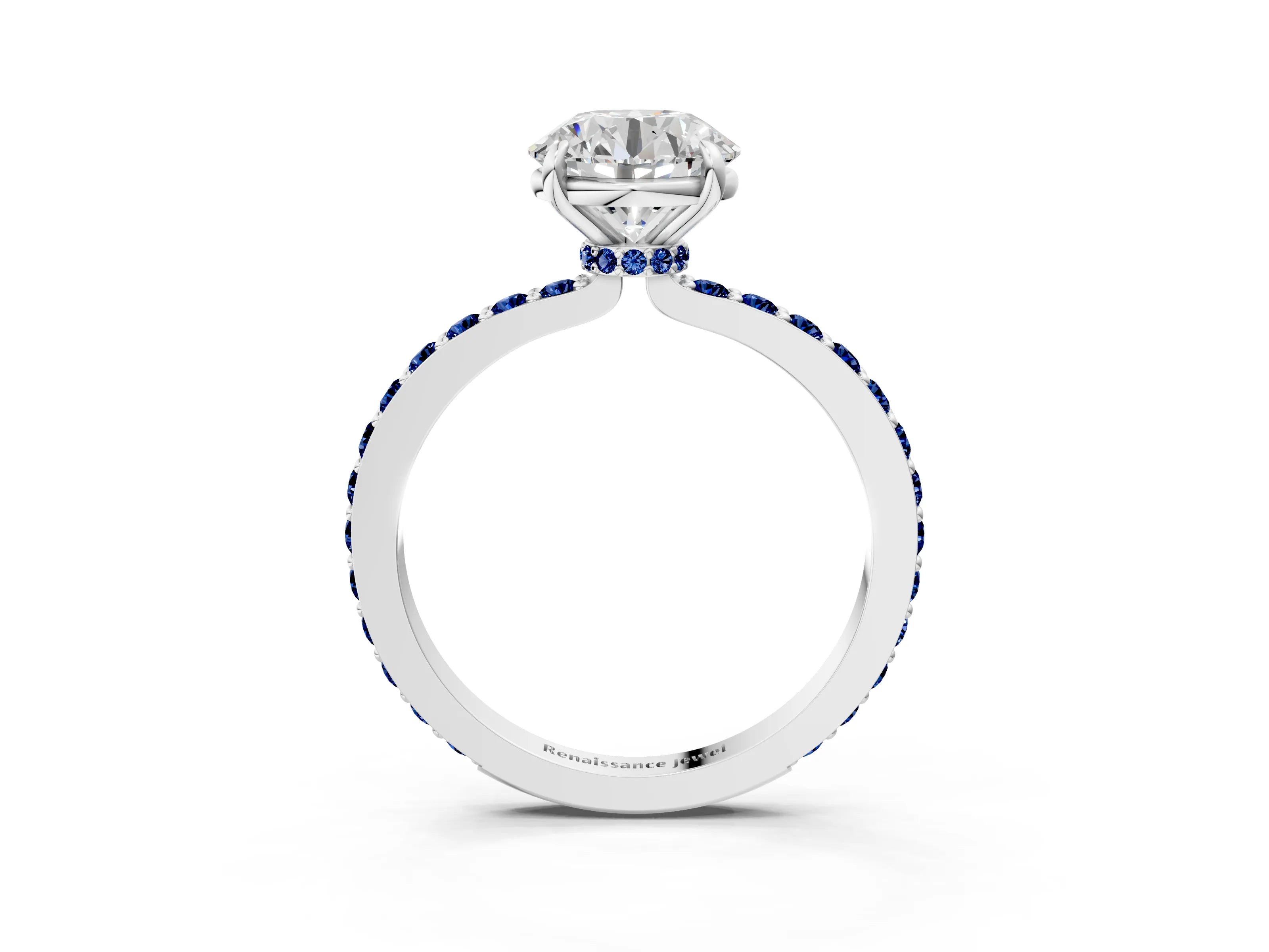 White gold Round Cut Diamond Pavé Engagement Ring with Round with Blue Sapphire side stone Accents and Prong Setting_33