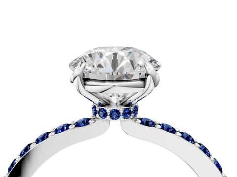 White gold Round Cut Diamond Pavé Engagement Ring with Round with Blue Sapphire side stone Accents and Prong Setting_34