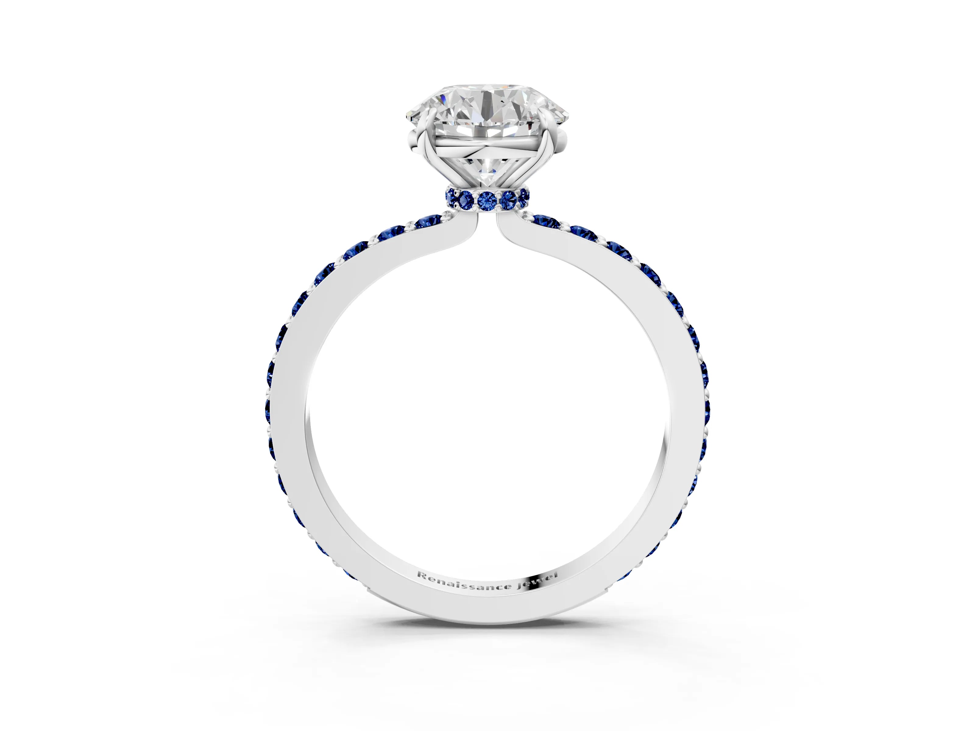 White gold Round Cut Diamond Pavé Engagement Ring with Round with Blue Sapphire side stone Accents and Prong Setting_3