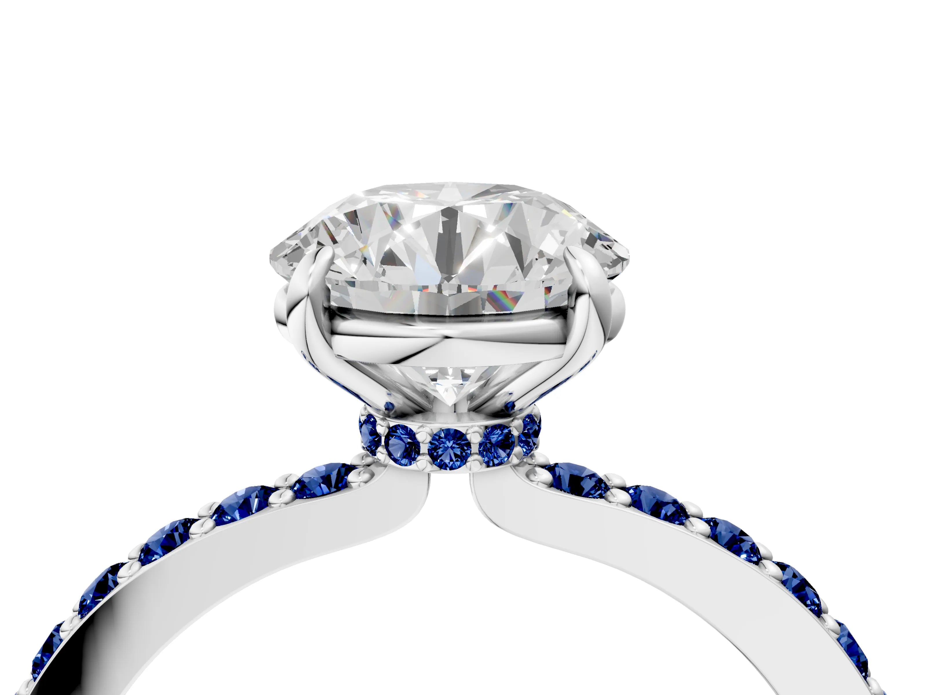 White gold Round Cut Diamond Pavé Engagement Ring with Round with Blue Sapphire side stone Accents and Prong Setting_4