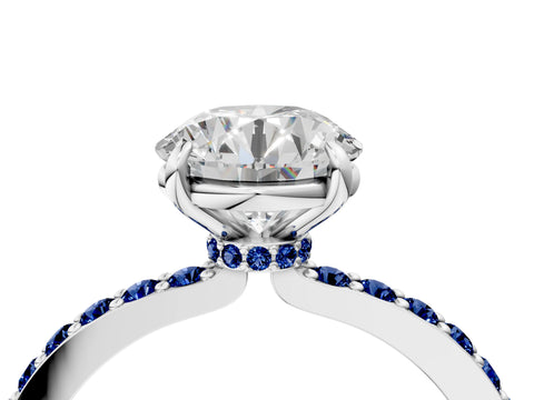 White gold Round Cut Diamond Pavé Engagement Ring with Round with Blue Sapphire side stone Accents and Prong Setting_4