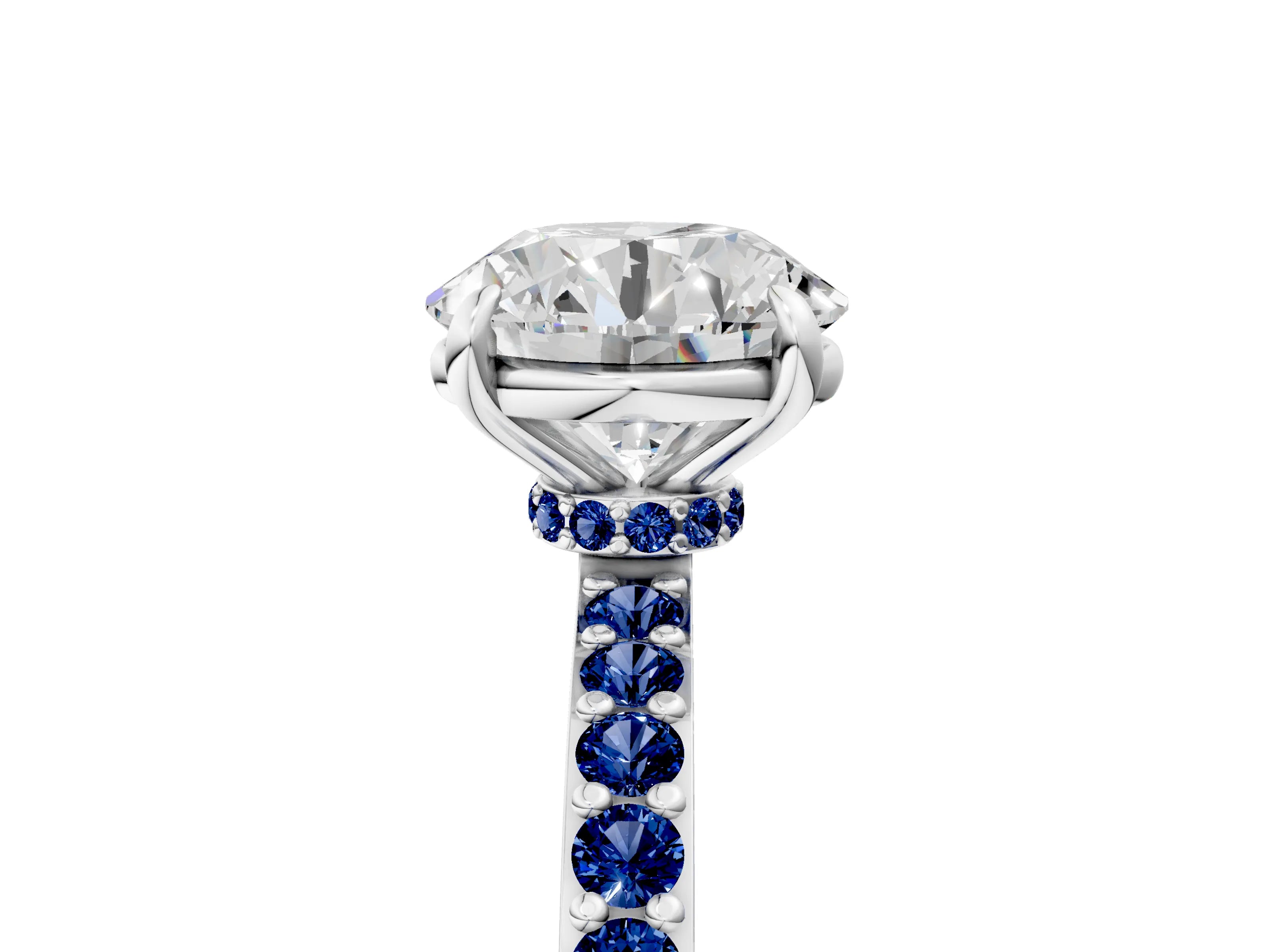 White gold Round Cut Diamond Pavé Engagement Ring with Round with Blue Sapphire side stone Accents and Prong Setting_5