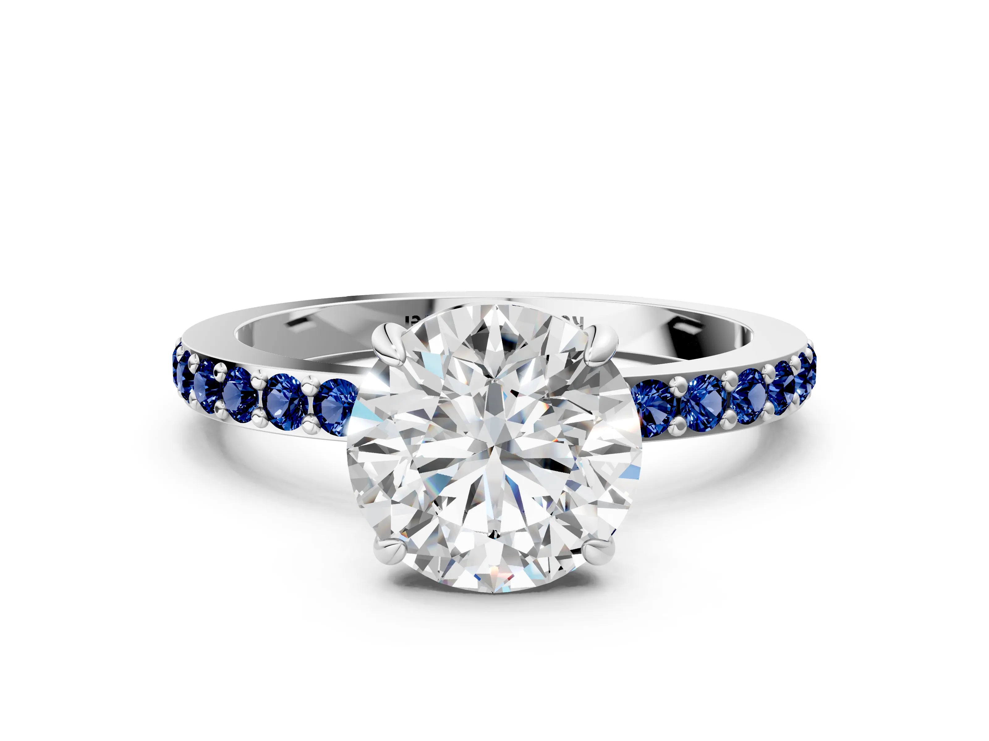 White gold Round Cut Diamond Pavé Engagement Ring with Round with Blue Sapphire side stone Accents and Prong Setting_90