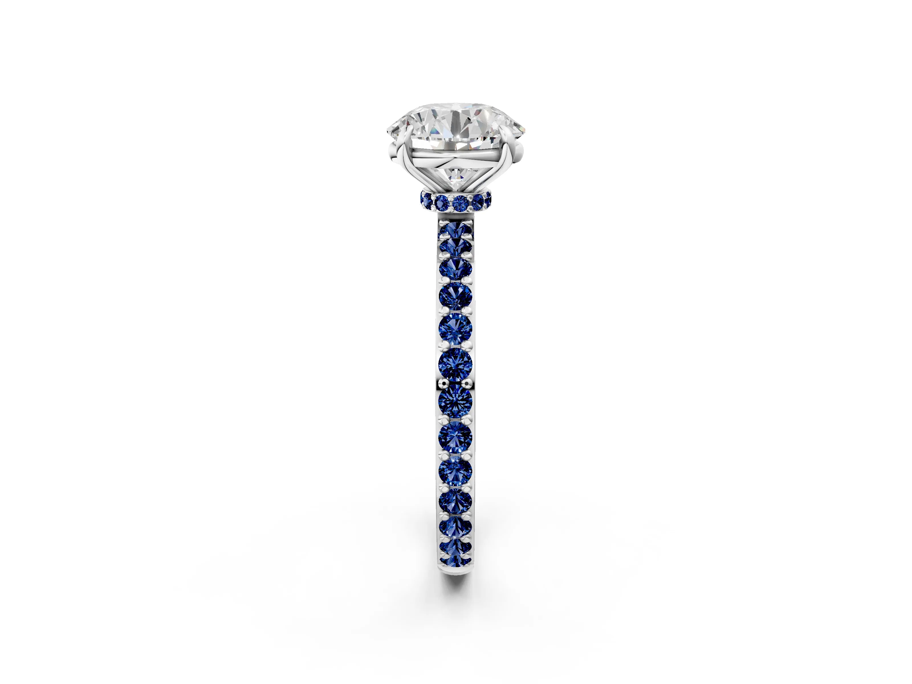 White gold Round Cut Diamond Pavé Engagement Ring with Round with Blue Sapphire side stone Accents and Prong Setting_92