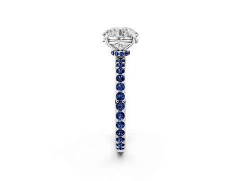 White gold Round Cut Diamond Pavé Engagement Ring with Round with Blue Sapphire side stone Accents and Prong Setting_92